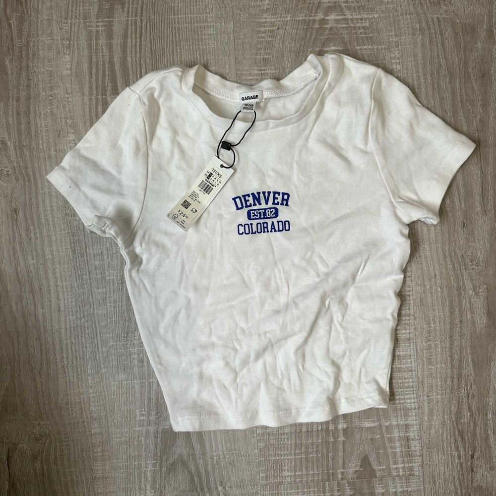Garage X small White Tee with Blue Denver Print